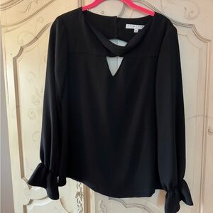 Trina Turk Black V-Neck Long Sleeve Blouse with Bell Sleeves